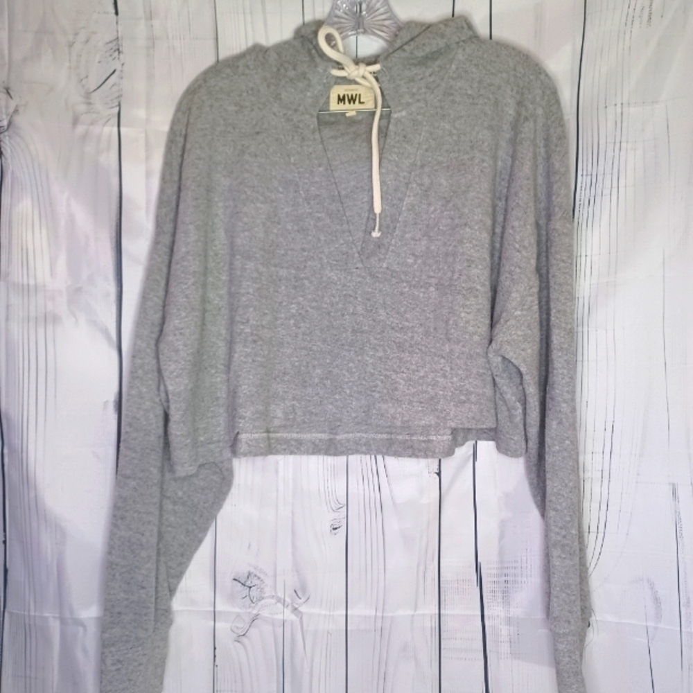 Madewell MWL gray cropped hooded cozy Athleisure v-neck sweatshirt